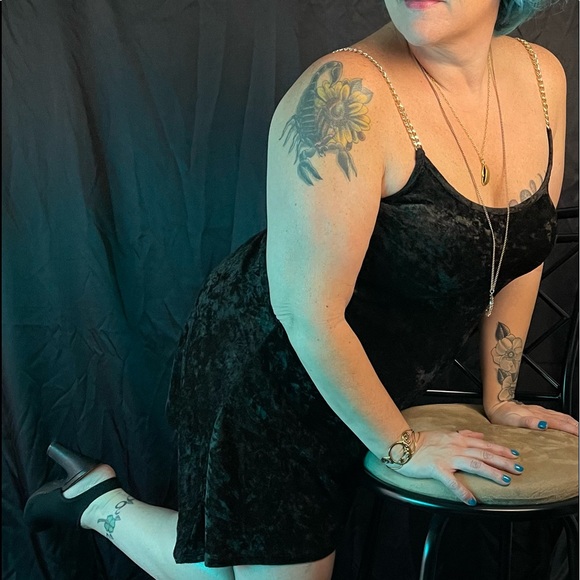 Chain-strap little black velvet(ish) dress. - Picture 3 of 4